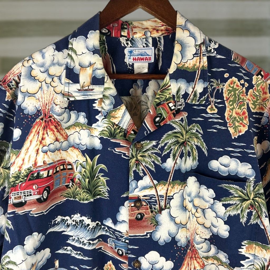 ALOHAS VINTAGE Hawaii Button-Up Shirt Mens XL Navy Blue Volcano Woody Wagon Print Aloha Size US XL / EU 56 / 4 - 1 Thumbnail