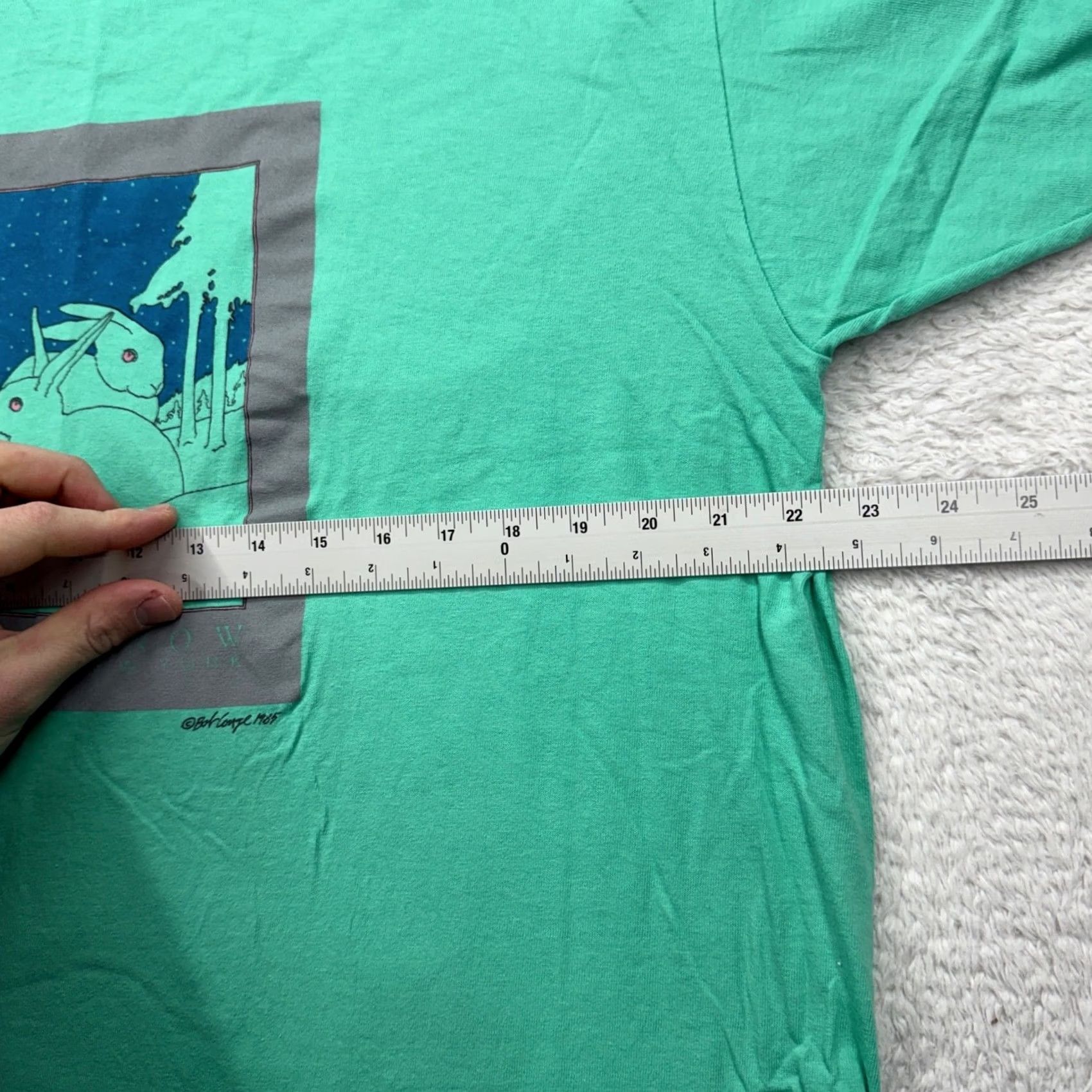 Anvil VINTAGE Anvil T-Shirt Graphic Tee 1985 Let It Snow Rabbits XL Teal Green Made in USA Mens Short Sleeve 100% Cotton Vintage 80s Retro Art Deco Size US XL / EU 56 / 4 - 6 Thumbnail