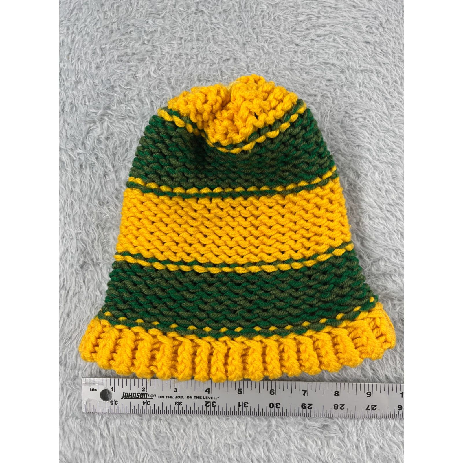 Vintage Handmade Green Bay Packers Style Beanie Knit Hat Adult One Size Green Striped Acrylic Pom Unisex Size ONE SIZE - 5 Thumbnail