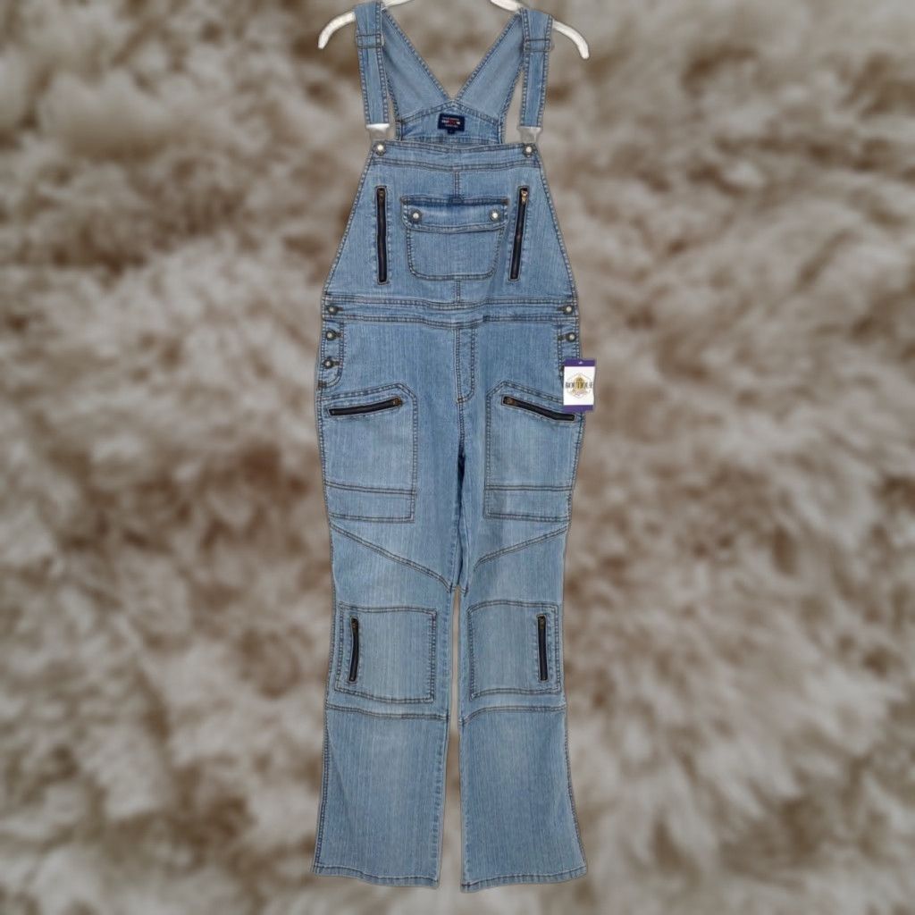 C'est Toi Womens L Stretch Denim Overalls Y2K Hip Hop Zipper Pockets American Shirt Womens L Overalls Denim Color Blue