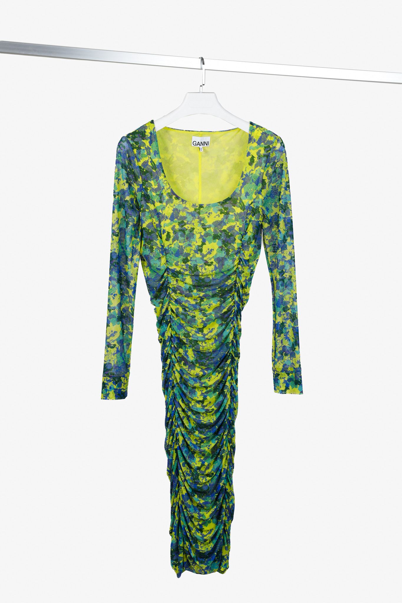 Ganni Ganni Green Ruched Printed Mesh Midi Dress Size S / US 4 / IT 40 - 1 Thumbnail