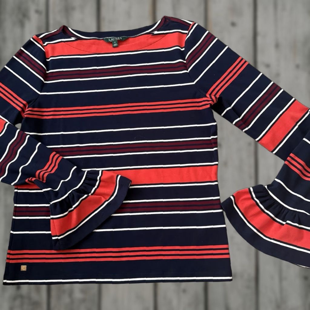 Ralph Lauren Lauren Ralph Lauren Stripe Bell Cuff Top Womens XL Blue Coral Boat Neck Shirt Blouse Size XL / US 12-14 / IT 48-50 - 1 Thumbnail