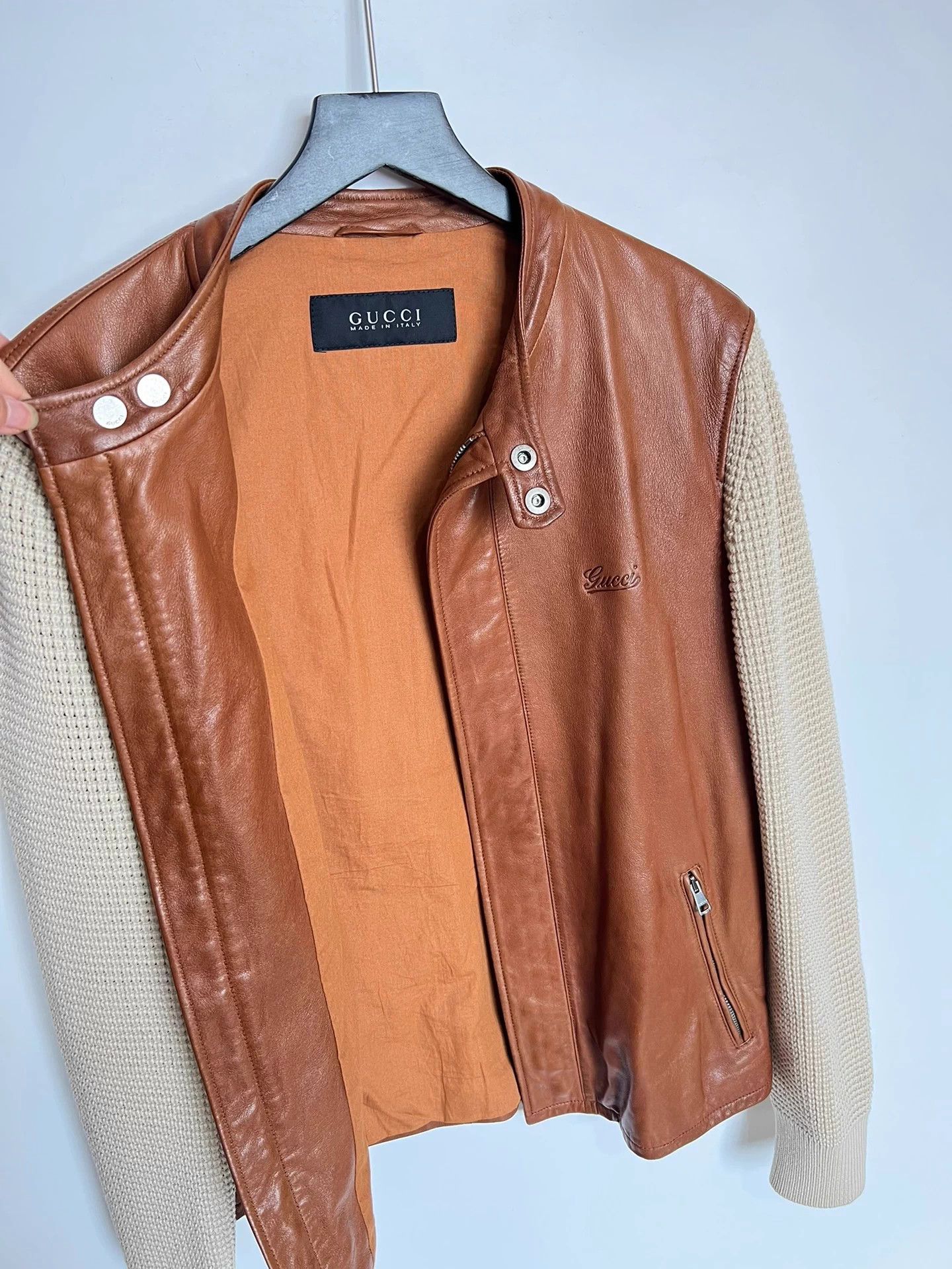 Gucci Gucci Brown Leather Knit Sleeve Jacket 48 Size US M / EU 48-50 / 2 - 2 Thumbnail