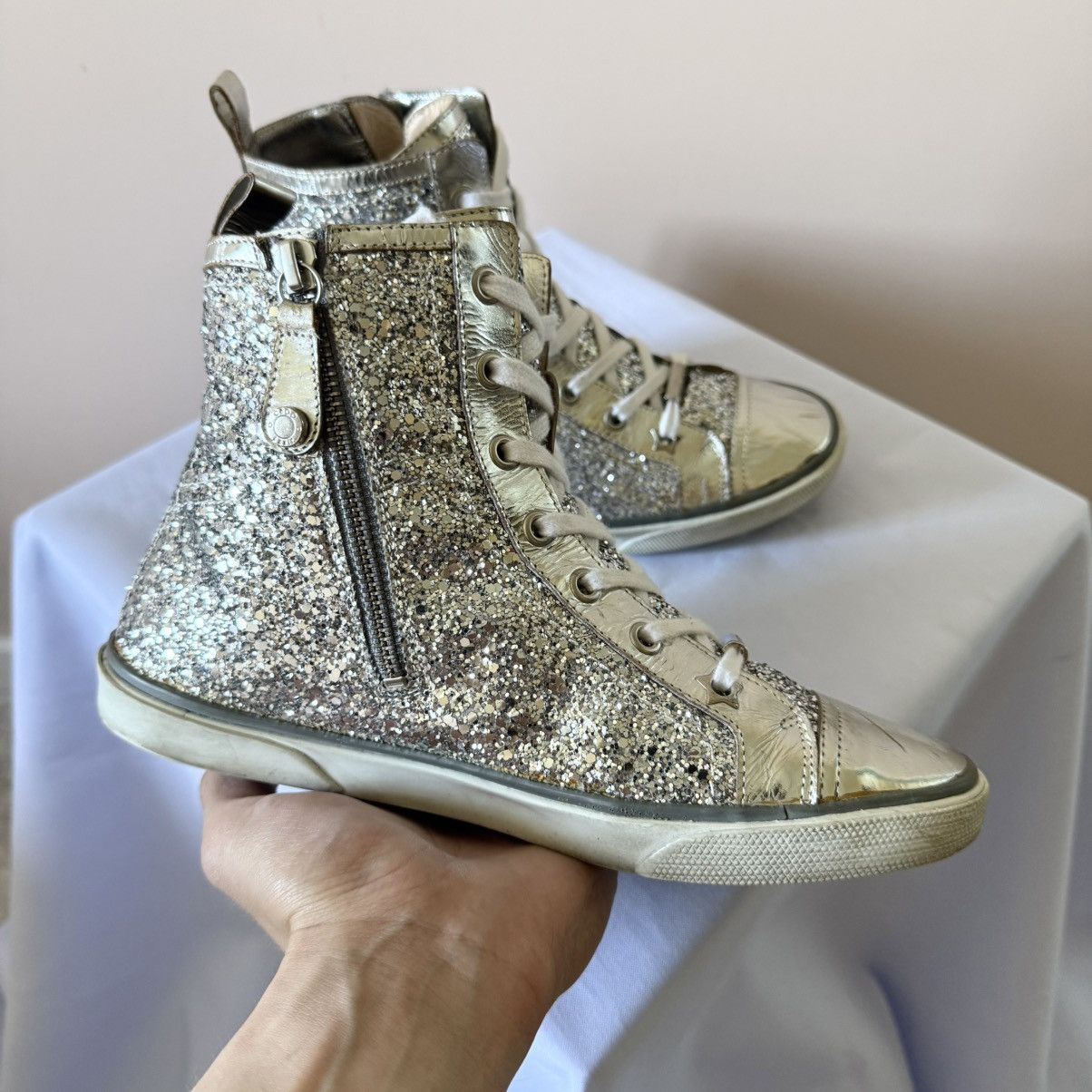 Jimmy Choo Jimmy Choo Silver Glitter High Top Sneakers Shoes Size US 7.5 / IT 37.5 - 8 Thumbnail