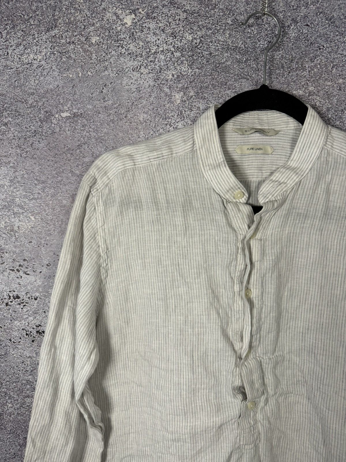 Suitsupply Suitsupply Shirt Gray Stripe Pure Linen Band Collar Popover Size US M / EU 48-50 / 2 - 3 Thumbnail