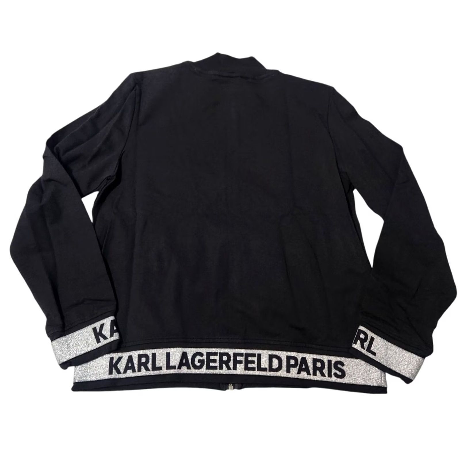 Karl Lagerfeld Karl Lagerfeld Paris Womens M Zip-Up Logo Tape Knit Jacket Black Metallic Silver Zip-up Jacket M Women Modern Logo Tape Knit Jacket Size M / US 6-8 / IT 42-44 - 2 Thumbnail