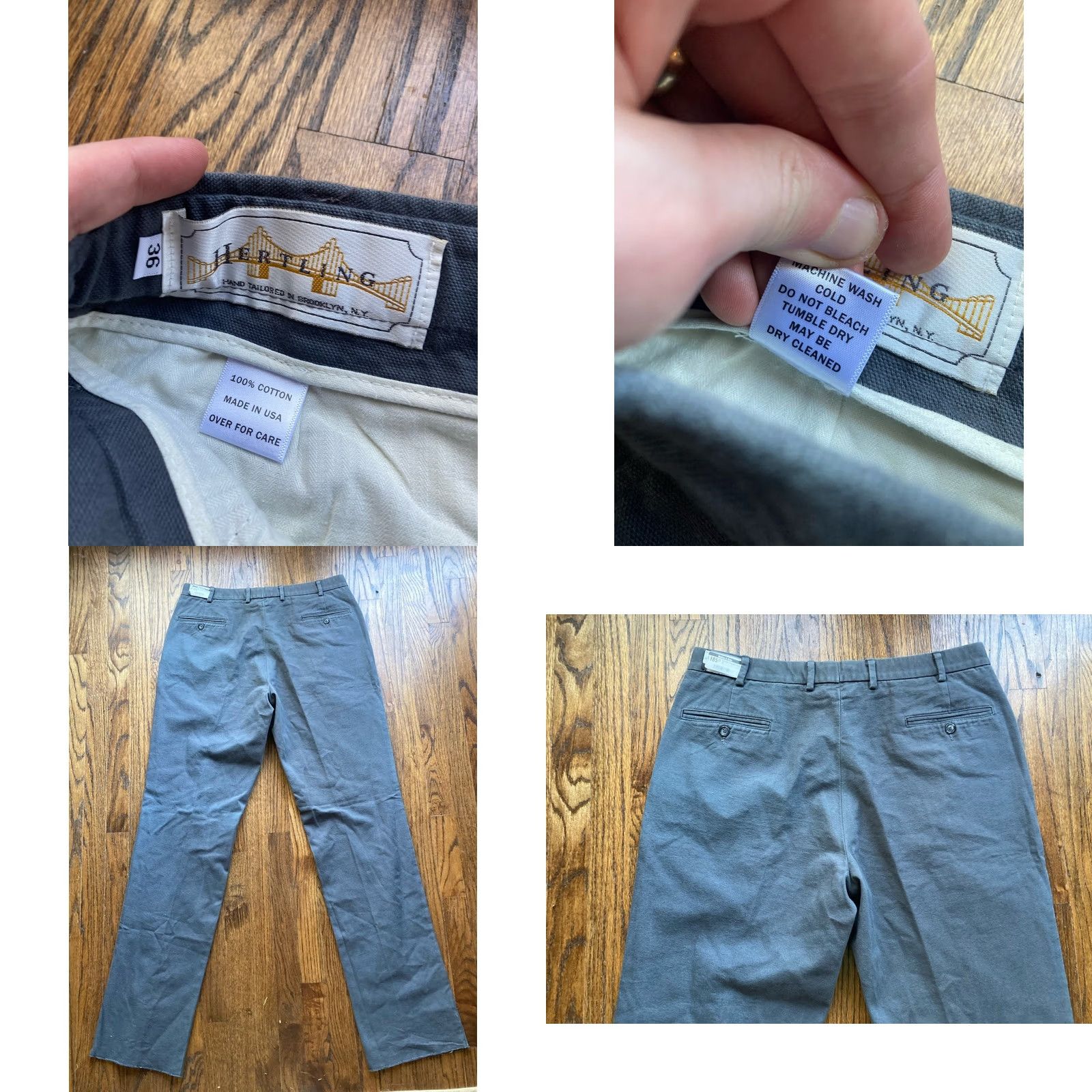 Vintage Hertling Pants Mens 36 Gray Cotton Made In Brooklyn USA Flat Front Chino Unhemmed Inseam 34" NWT USA Mens Size US 36 / EU 52 - 8 Thumbnail