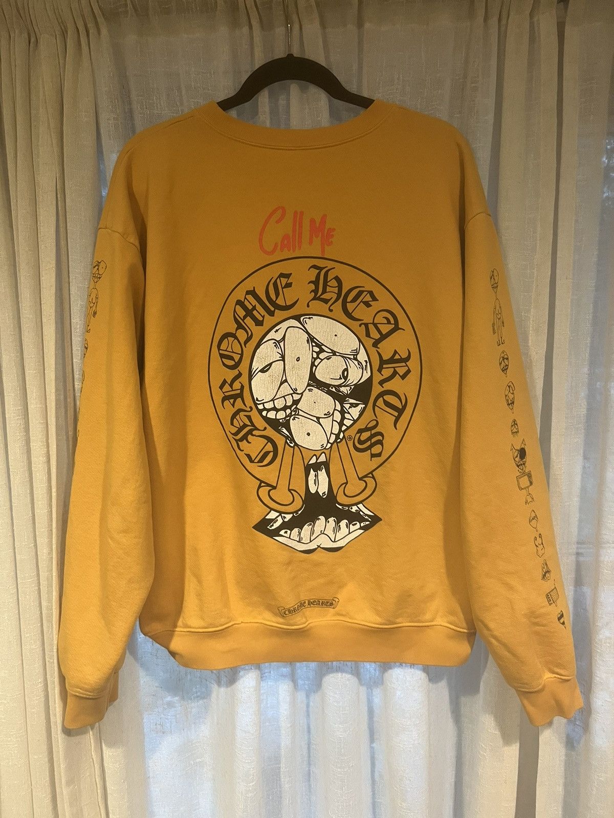 image of Chrome Hearts Matty Boy “Call Me” Crewneck Sweater Yellow, Men's (Size Large)