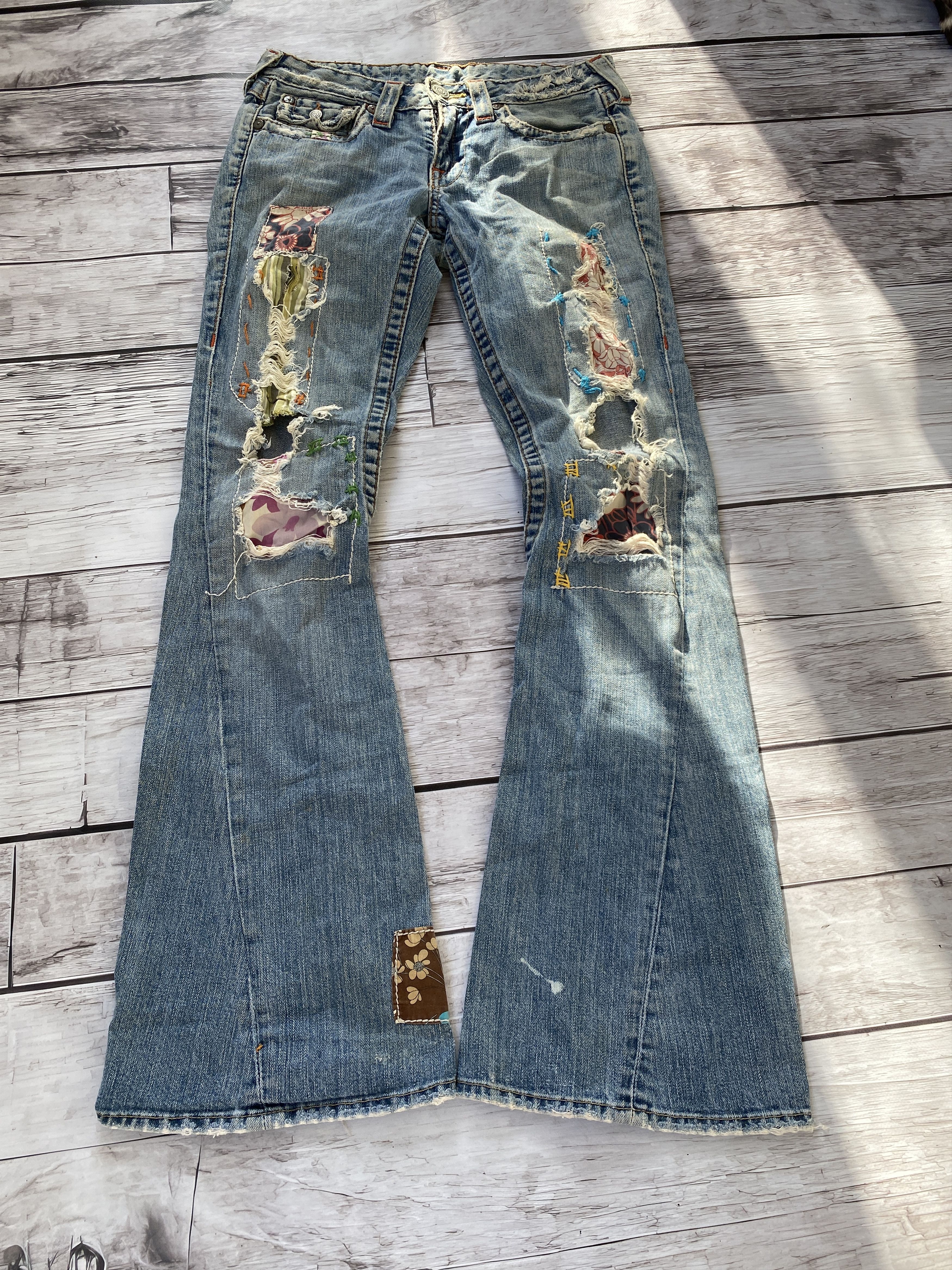 Pre-owned Archival Clothing X Made In Usa Very Vintage True Religion Flare Distressed Jeans Y2k (size 30) In Multicolor