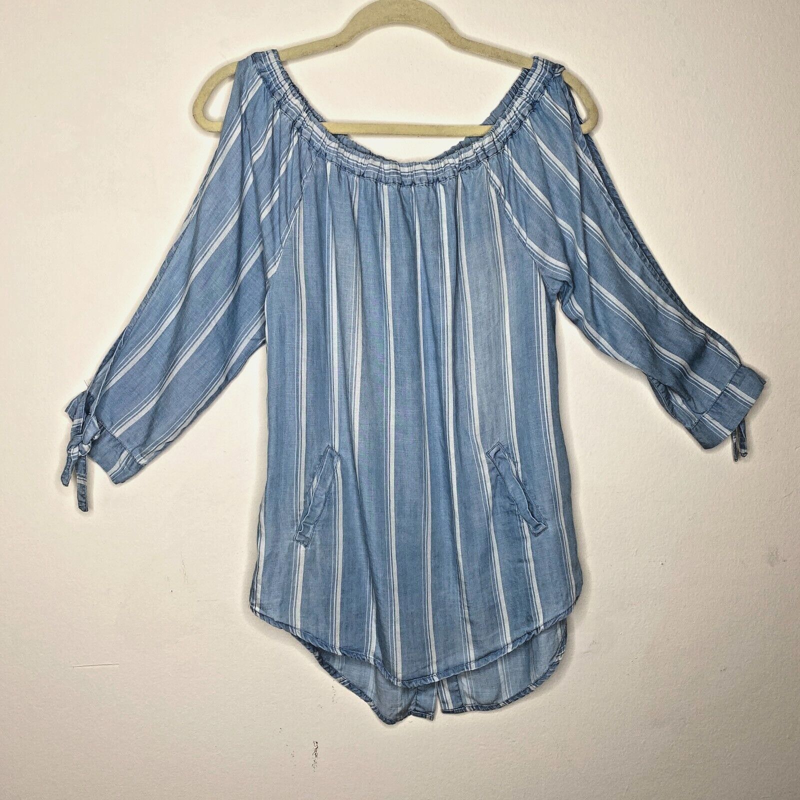 Other Billy T Blue White Stripe Linen Off Shoulder Tie-Sleeve Top Size XS / US 0-2 / IT 36-38 - 1 Thumbnail