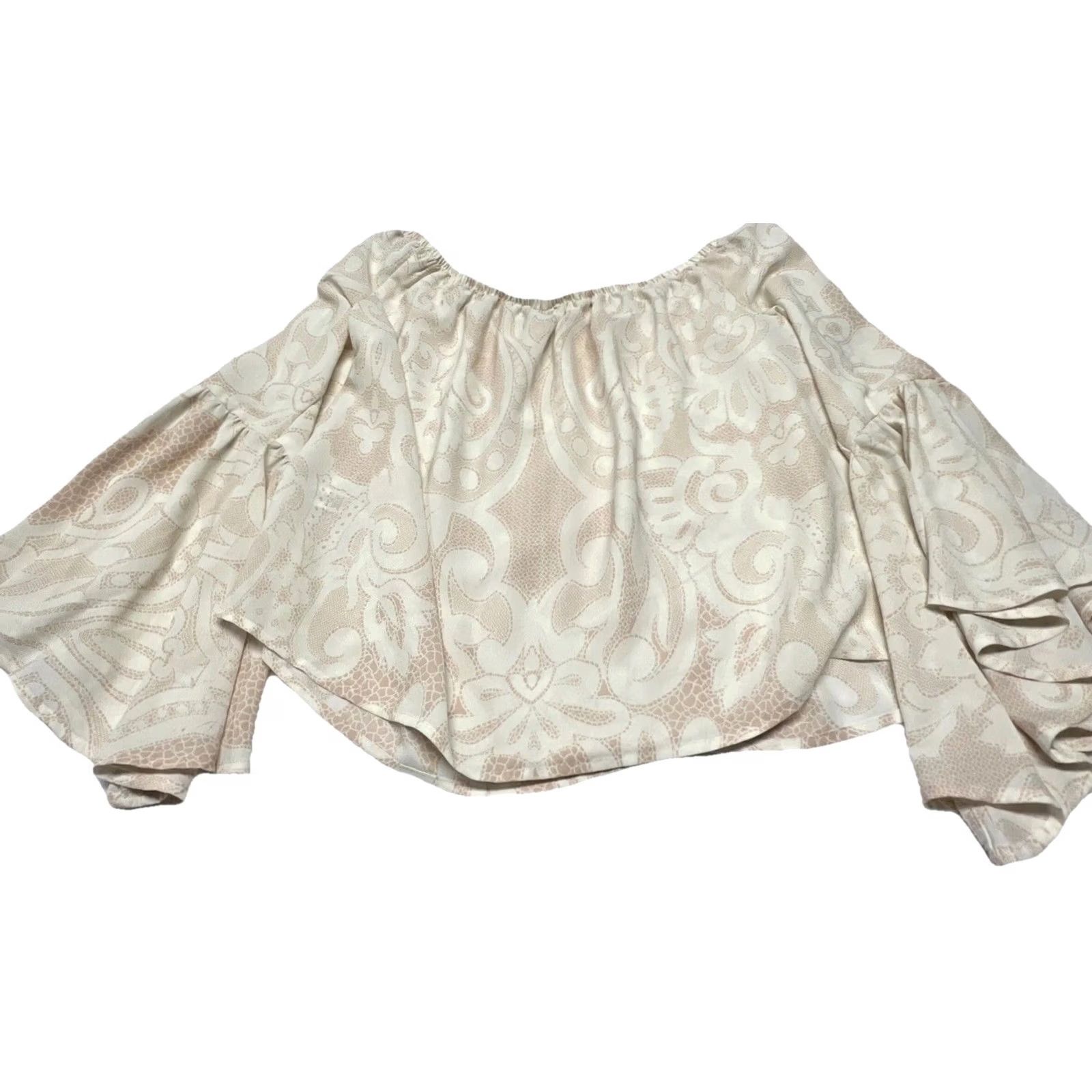 Vintage VINTAGE Boho Off Shoulder Crop Top Womens M Cream Floral Peasant Bell Sleeve Cottagecore Size M / US 6-8 / IT 42-44 - 6 Thumbnail