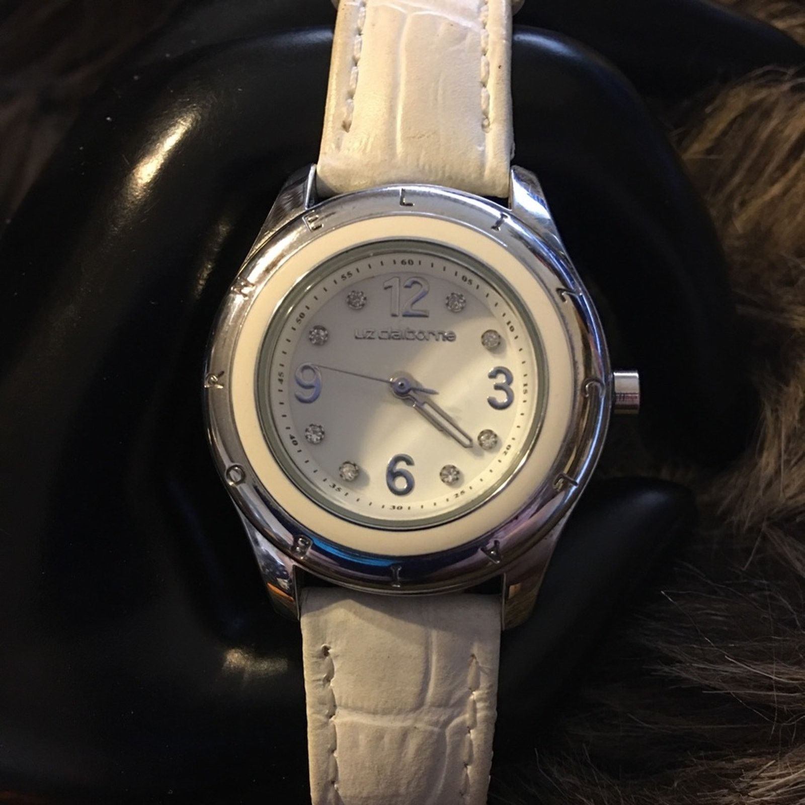 Jewelry Liz Claiborne Crystal White Leather Band Watch, Women's