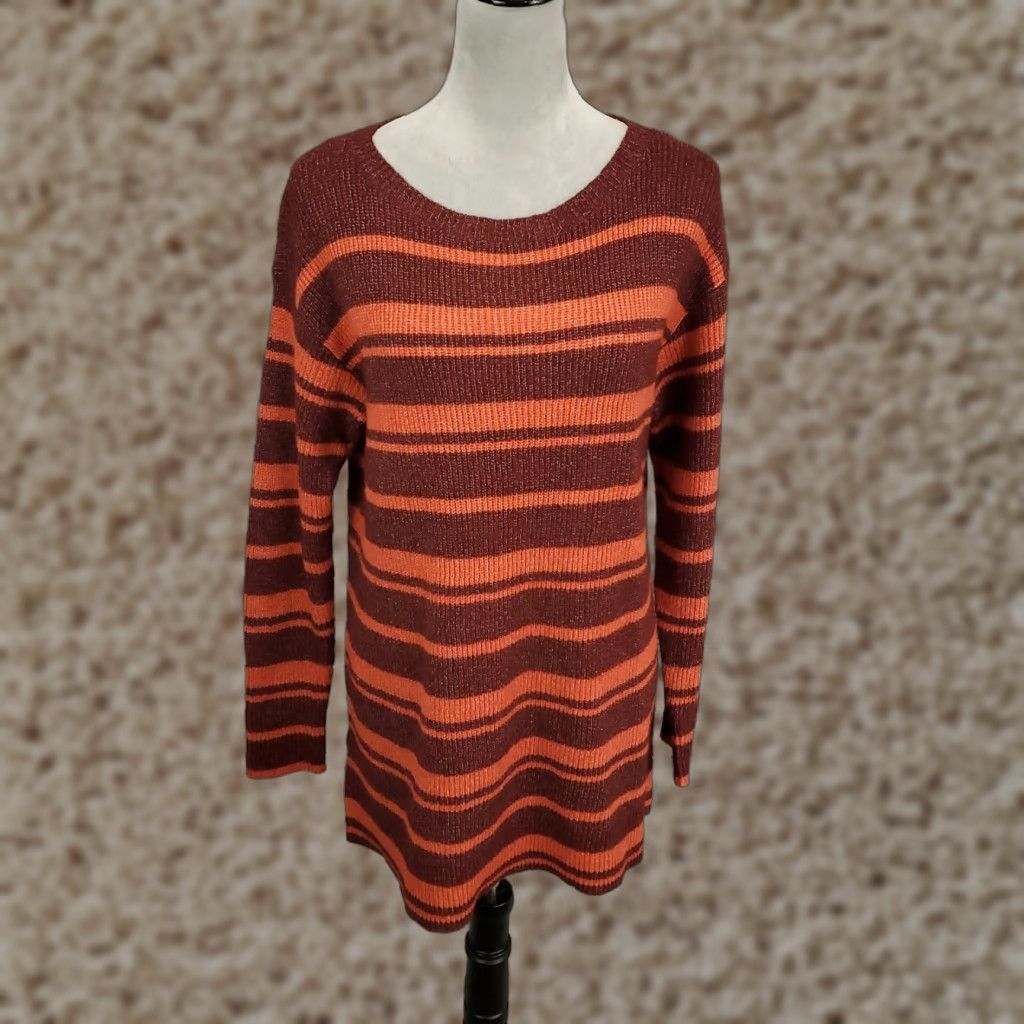 Loft LOFT Sweater Women Large Orange Red Striped Long Sleeve Knit Pullover Size L / US 10 / IT 46 - 1 Thumbnail