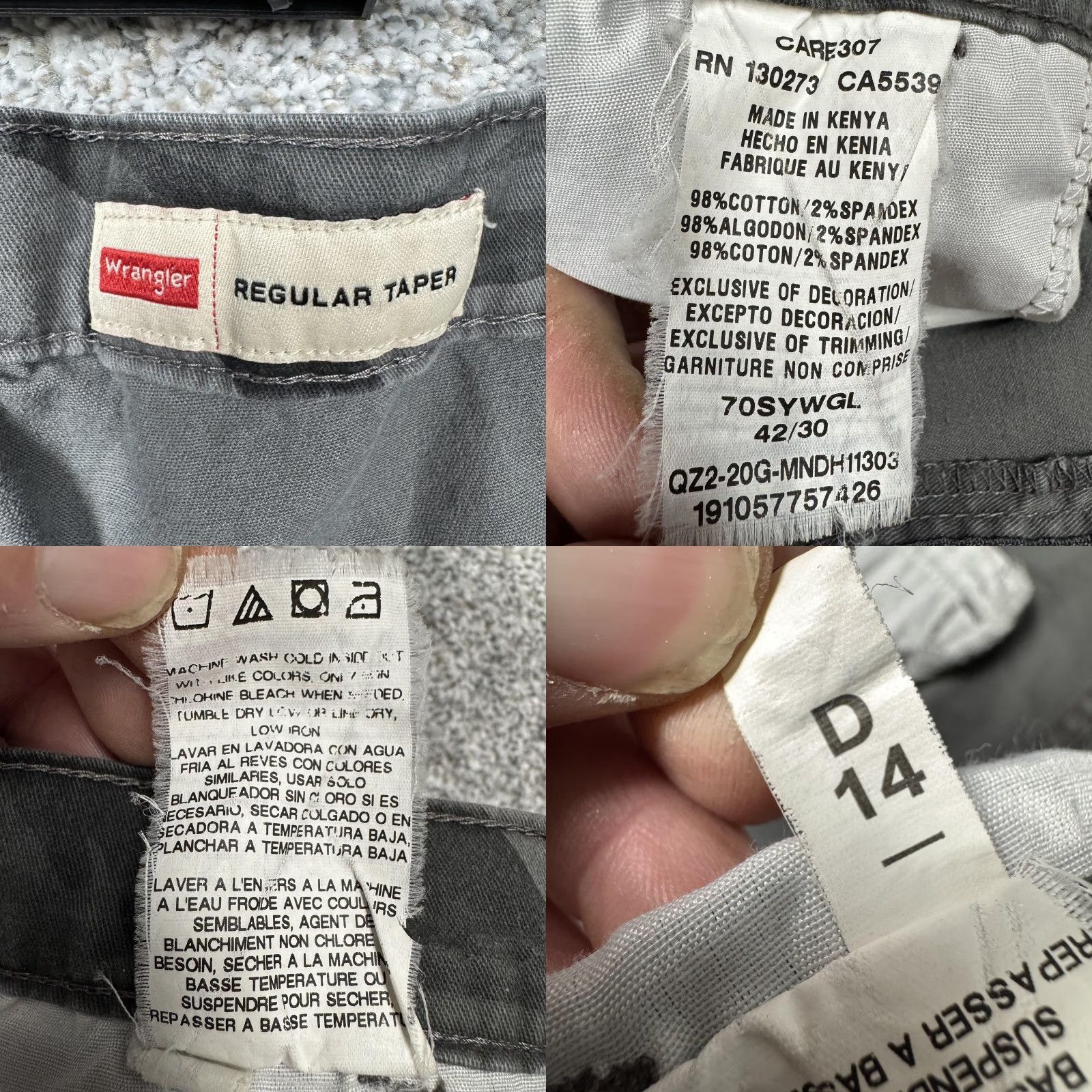 Wrangler Wrangler Cargo Pants Mens Regular Taper Gray Camouflage Cotton Spandex 43x28.5 Army Casual Workwear Cargo Pockets Zip Front Button Closure Size US 42 / EU 58 - 9 Thumbnail
