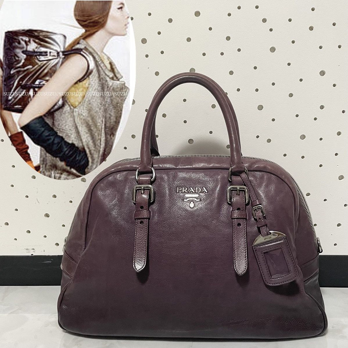 image of Prada Gradient Leather Mini Boston Bag Handbag Purple Brown, Women's