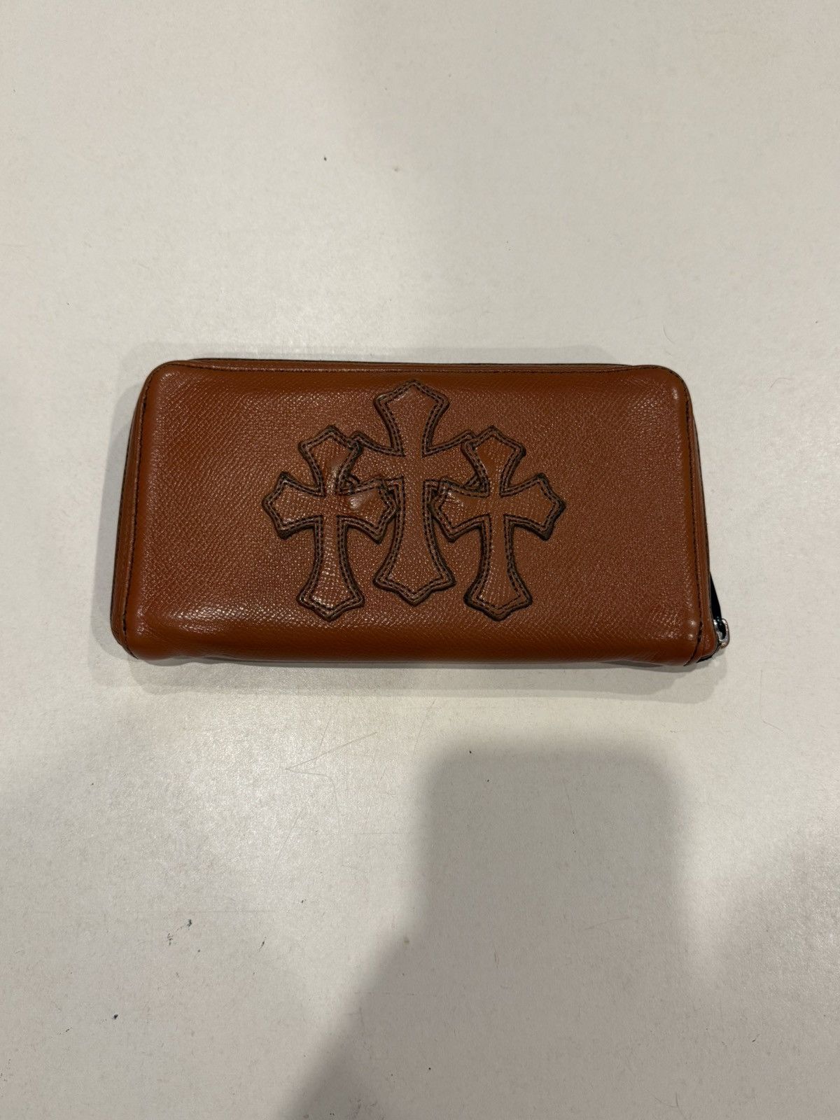 Chrome Hearts 3 Cemetery Cross Brown Leather Zip Wallet