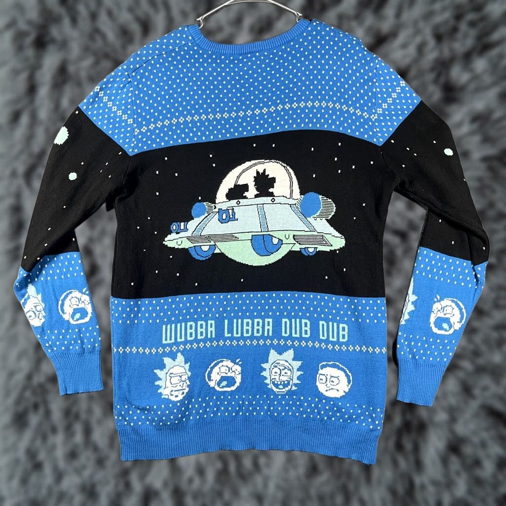 Vintage Rick and Morty Sweater Mens Large Blue Black Graphic Print Crew Neck Pullover Wubba Lubba Dub Dub Knit Wool Cotton Mix Size US L / EU 52-54 / 3 - 1 Thumbnail