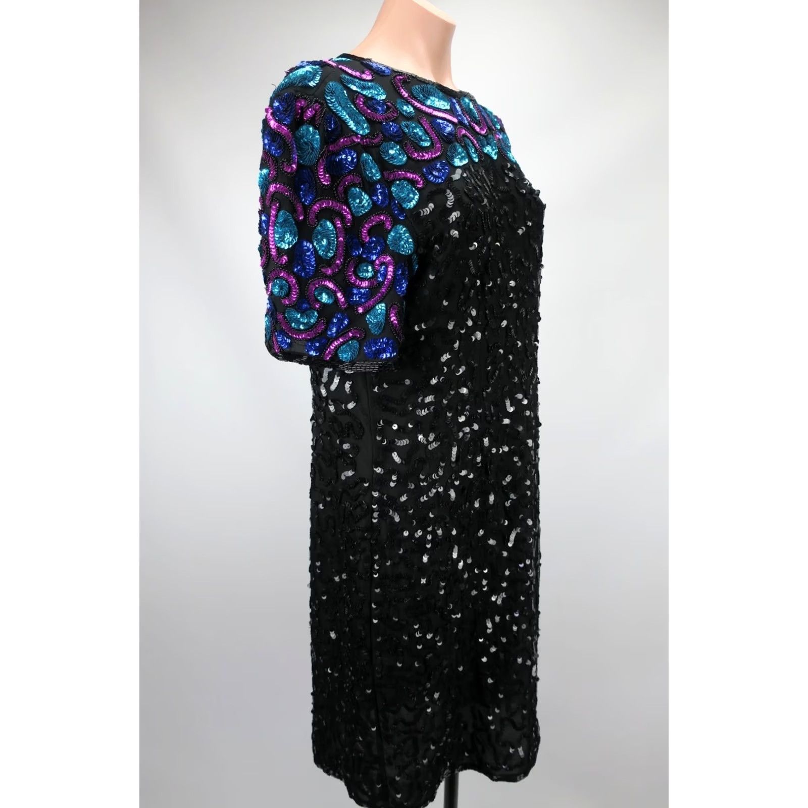 Pinko VINTAGE Laurence Kazar Gown Dress Beaded Sequin Evening Silk XL Blue Diamonds Gatsby Party Flapper Knee Length Size XL / US 12-14 / IT 48-50 - 6 Thumbnail