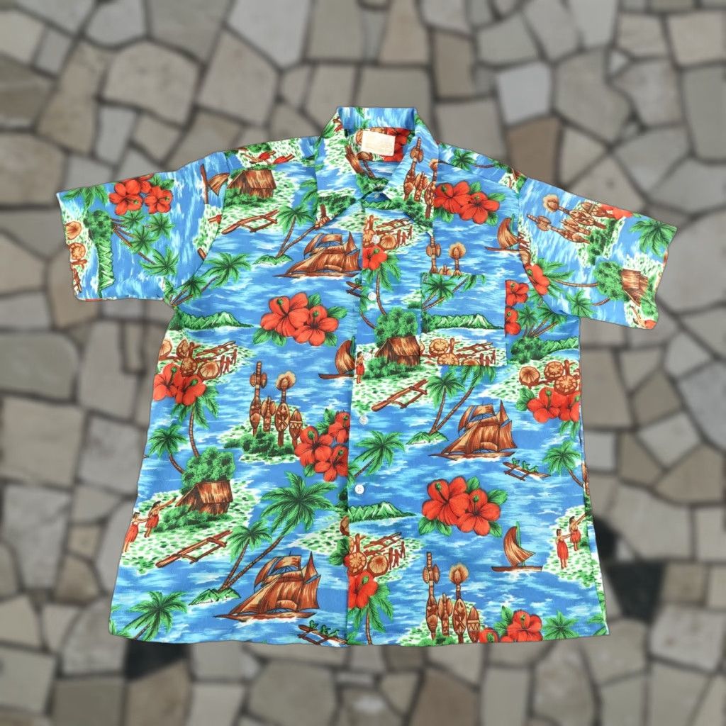 Sears VINTAGE Kings Road Sears Shirt Mens L Blue Hawaiian Floral Button-Up 70s Beach Tahiti? Size US L / EU 52-54 / 3 - 1 Thumbnail