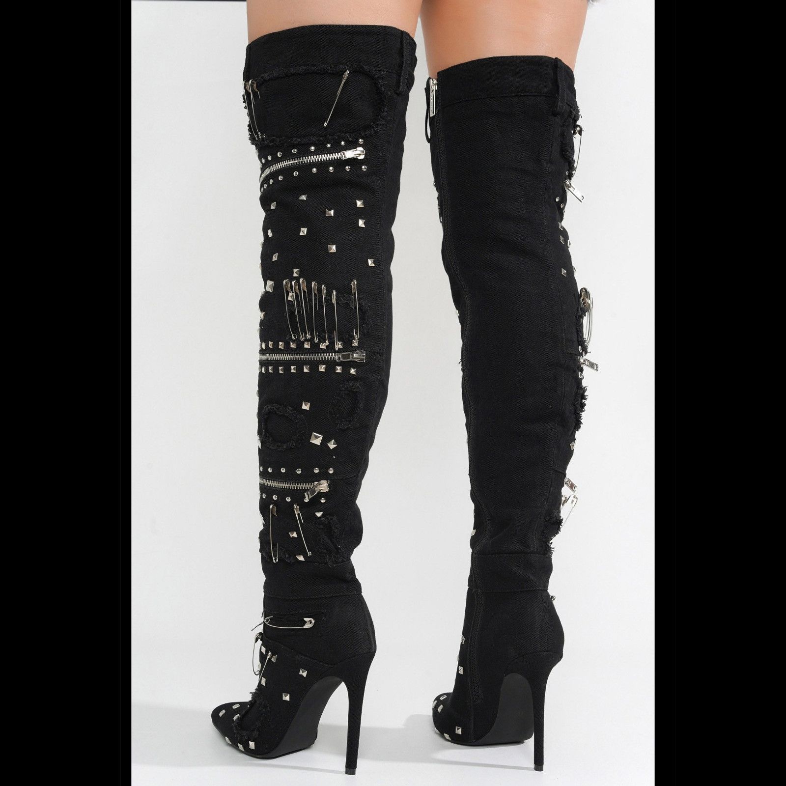 Rocker Black Distressed Denim Embellished Thigh High Boots (