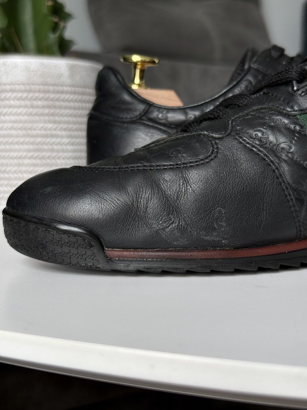 Gucci Gucci Black GG Guccissima Leather Sneakers Stripe Low Top Size US 10 / IT 40 - 12 Thumbnail