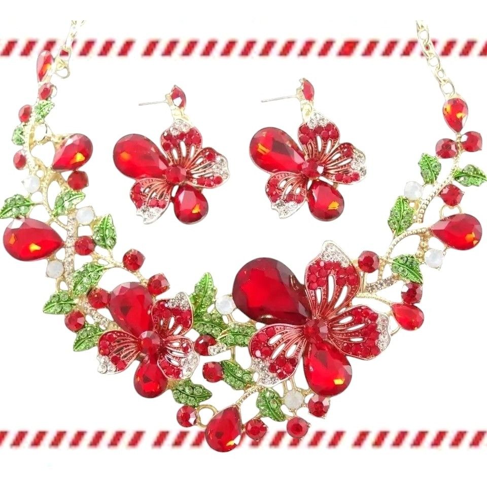 Handmade Red Floral Crystal Necklace Earrings Set New Christmas Jewel Size ONE SIZE - 5 Thumbnail