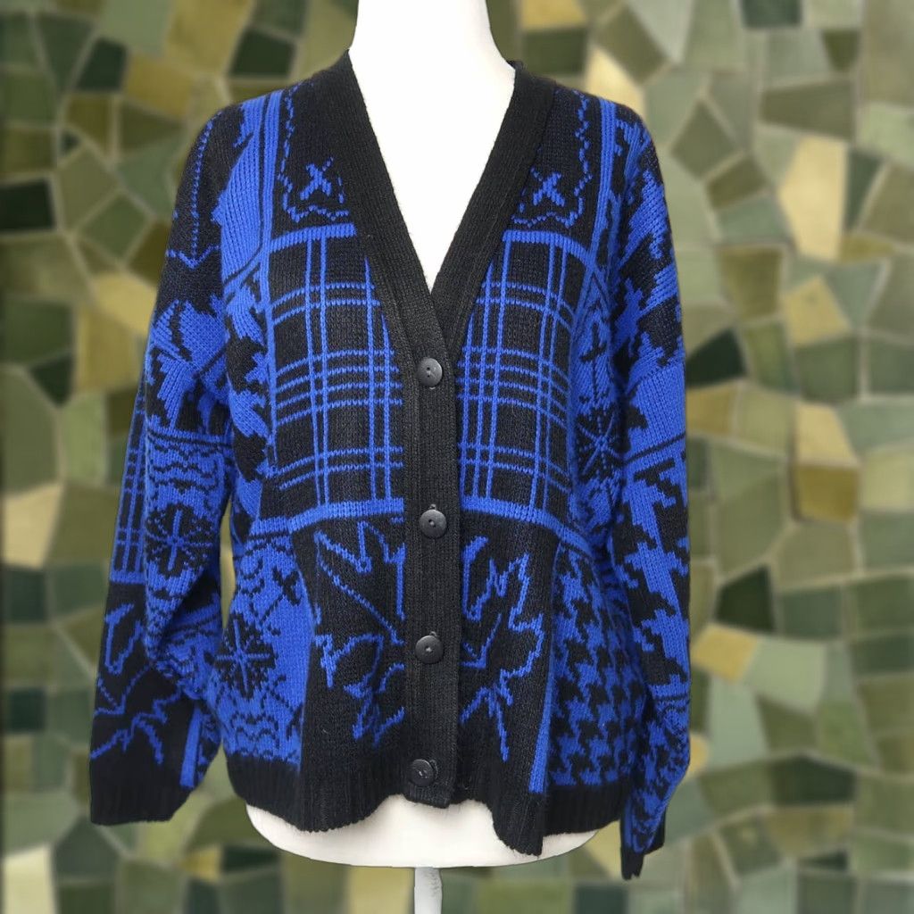 Vintage VINTAGE 90s Knit Cardigan Sweater M Blue Black Plaid Houndstooth Mixed Print Acrylic Button Front V-neck Casual Mens? Womens? Size M / US 6-8 / IT 42-44 - 1 Thumbnail