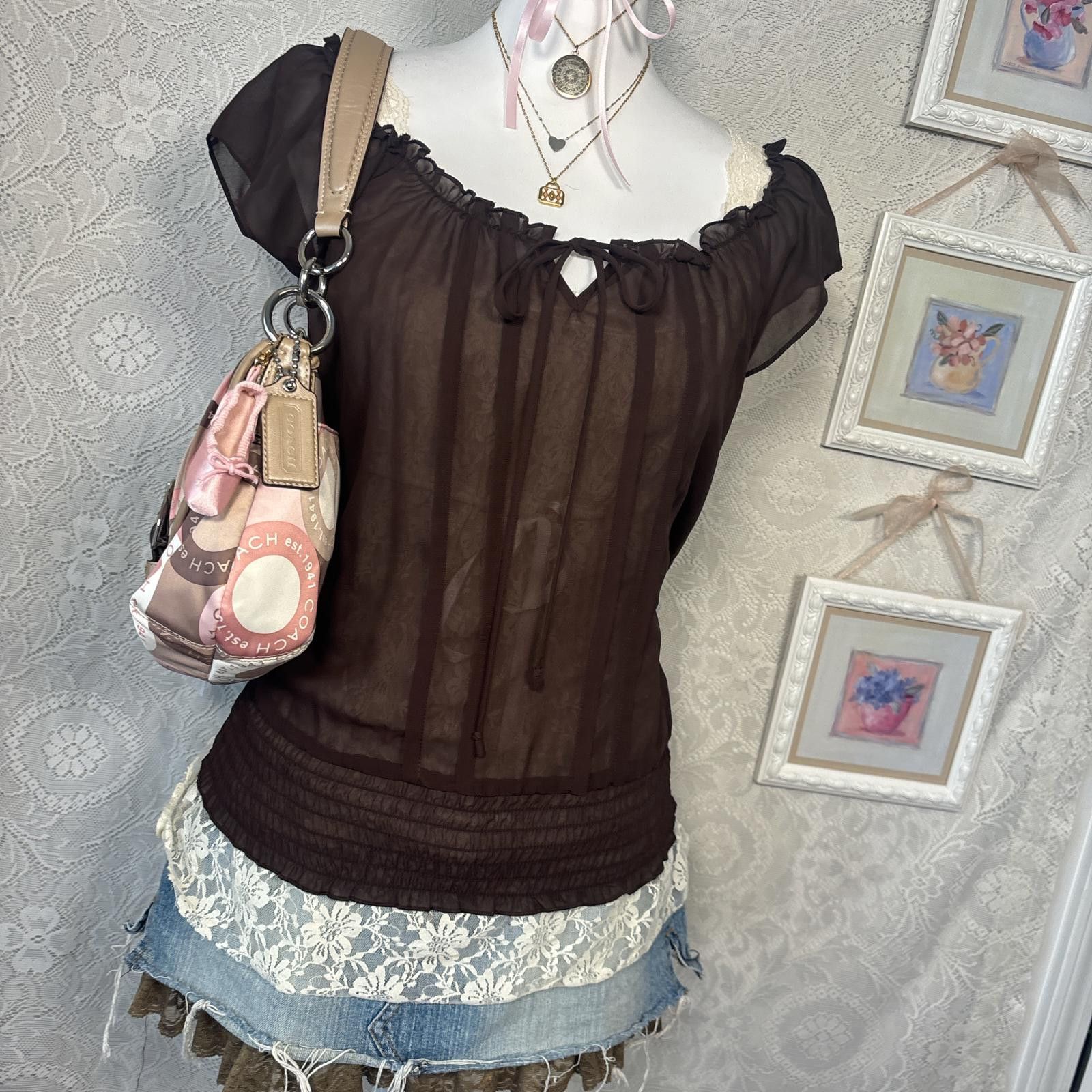 Other y2k brown fairy core mesh ruffle blouse top Size S / US 4 / IT 40 - 4 Thumbnail