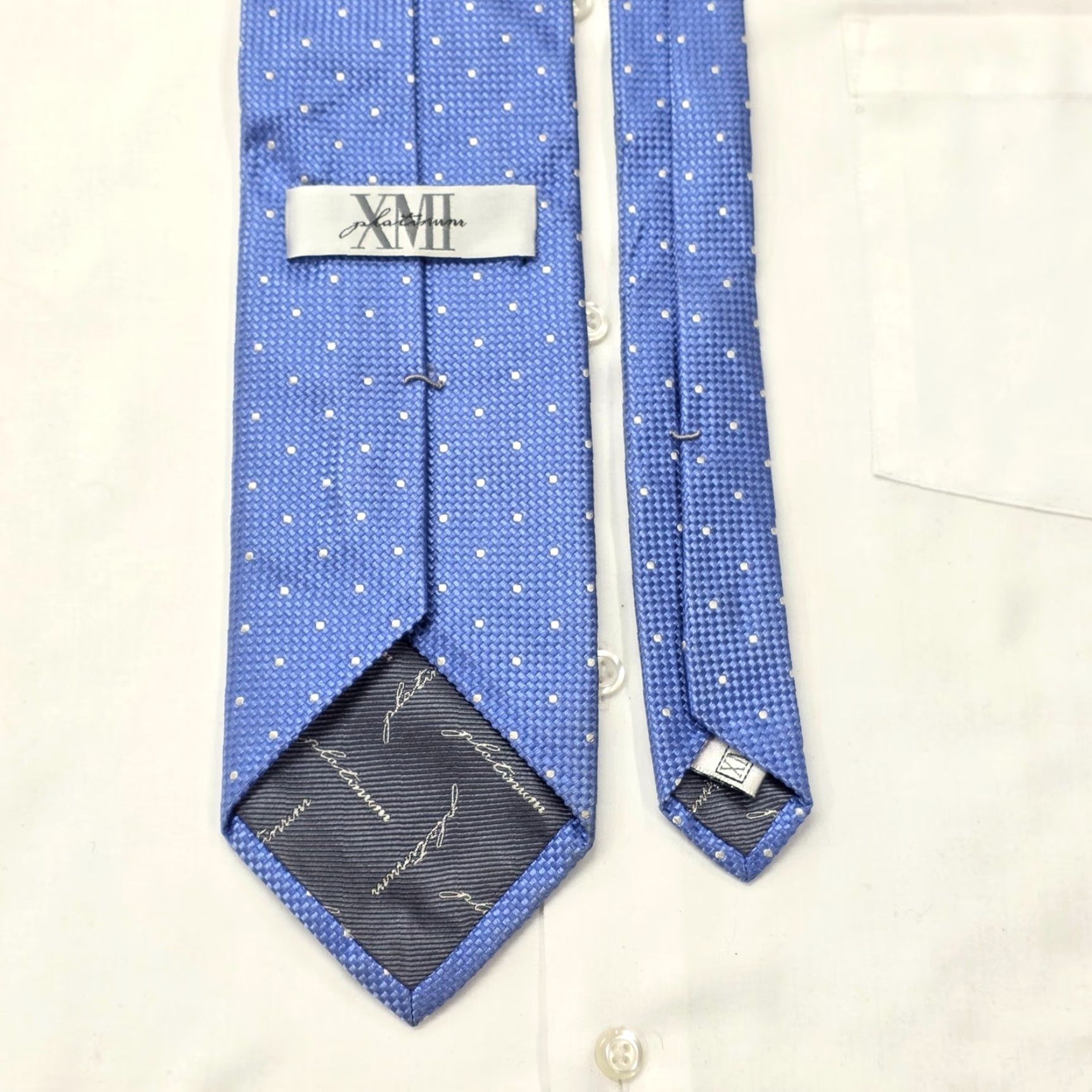 Vintage XMI PLATINUM Men’s 100% Silk Necktie Blue USA Designer White Polka Dots Classic 60.25" X 3.5" Polka Dot Preppy Stylish Officecore Dad Mens Tie Size ONE SIZE - 4 Thumbnail