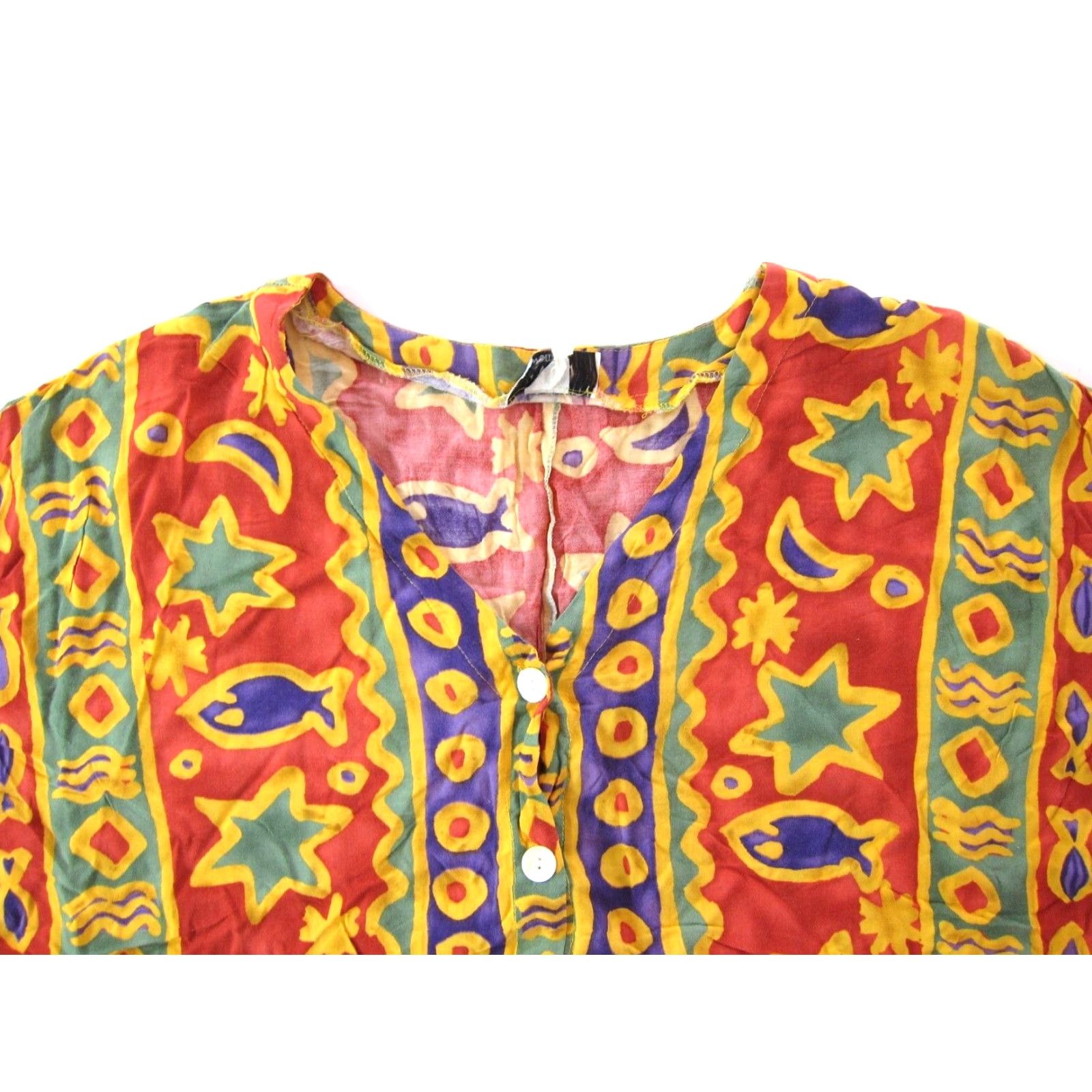 Vintage Vivoli Rayon Blouse 2X Button Down Short Sleeve V-Neck Floral Fish Tunic Blouse Womens Vintage USA 56" bust 2X Orange Yellow Purple Green Size XXL / US 16-18 / IT 52-54 - 3 Thumbnail