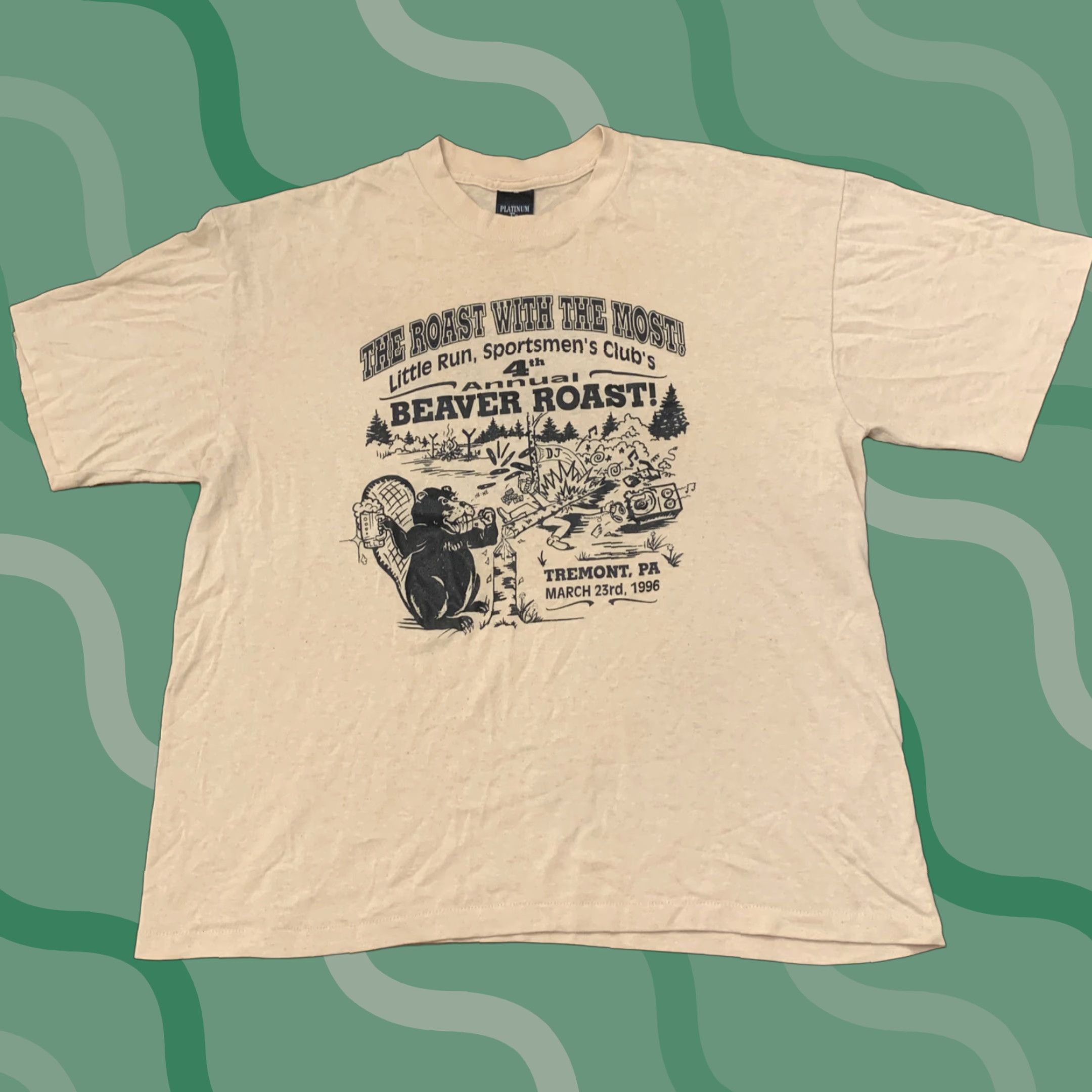 Vintage VINTAGE Platinum’s T’s Graphic Tee 90s Tremont Pennsylvania Little Run Beaver Roast Sz XL Beige Mens Size US XL / EU 56 / 4 - 1 Thumbnail