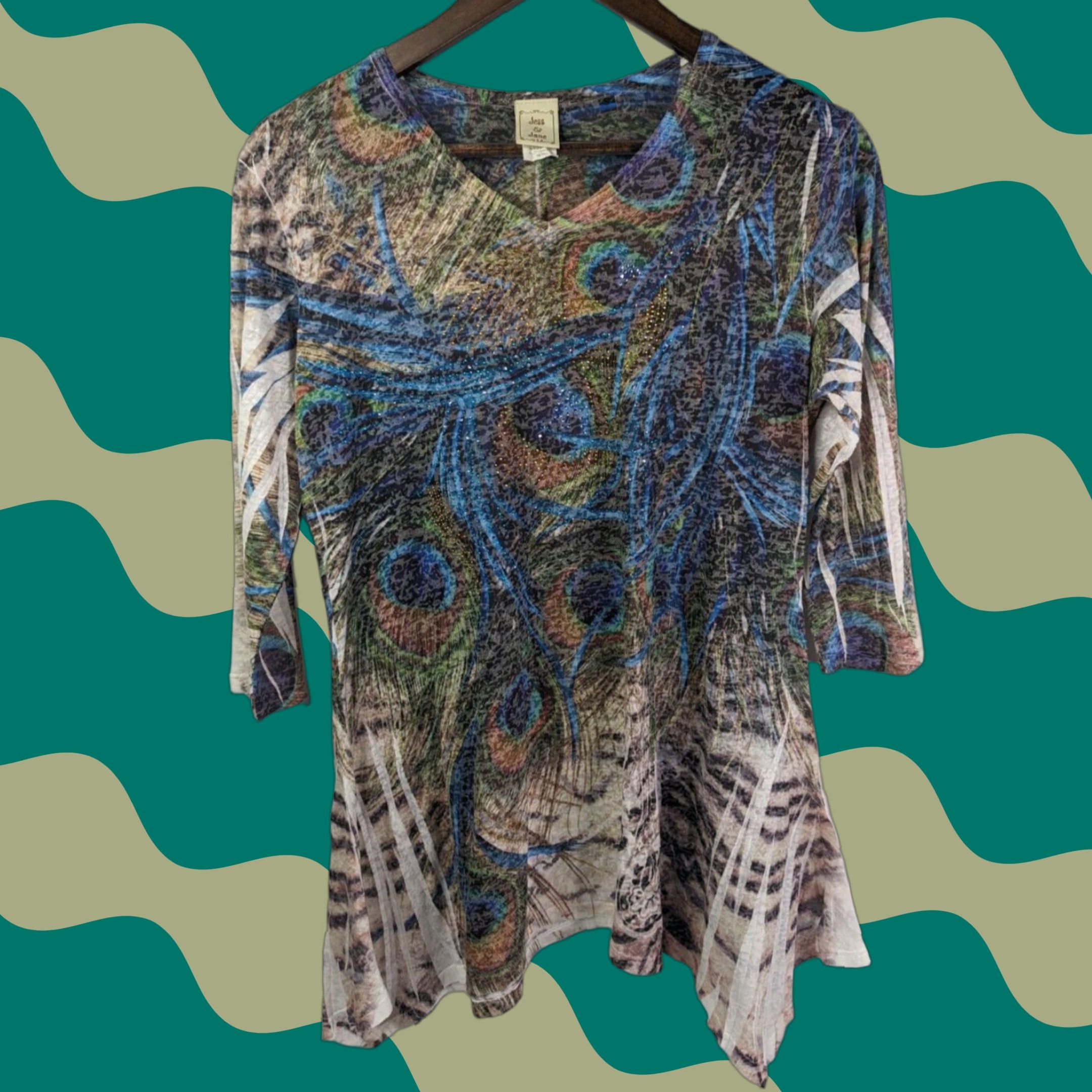 Vintage Jess and Jane Top Womens Small Peacock Abstract Rhinestone Boho Artsy 3/4 Sleeve Size S / US 4 / IT 40 - 1 Thumbnail