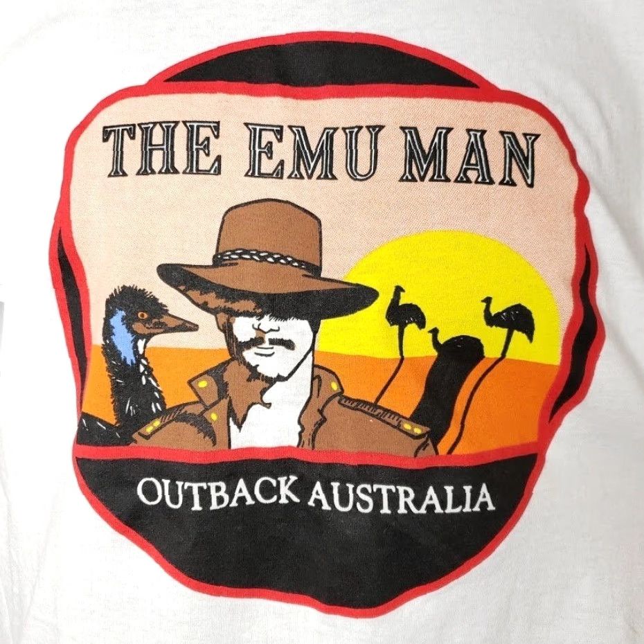 Fruit Of The Loom VINTAGE Emu Man T Shirt Mens Size Medium Outback Australia Emu Oil Made In USA Fruit of the Loom White Crew Neck Short Sleeve 1980s USA Mens T-Shirt Size US M / EU 48-50 / 2 - 3 Thumbnail