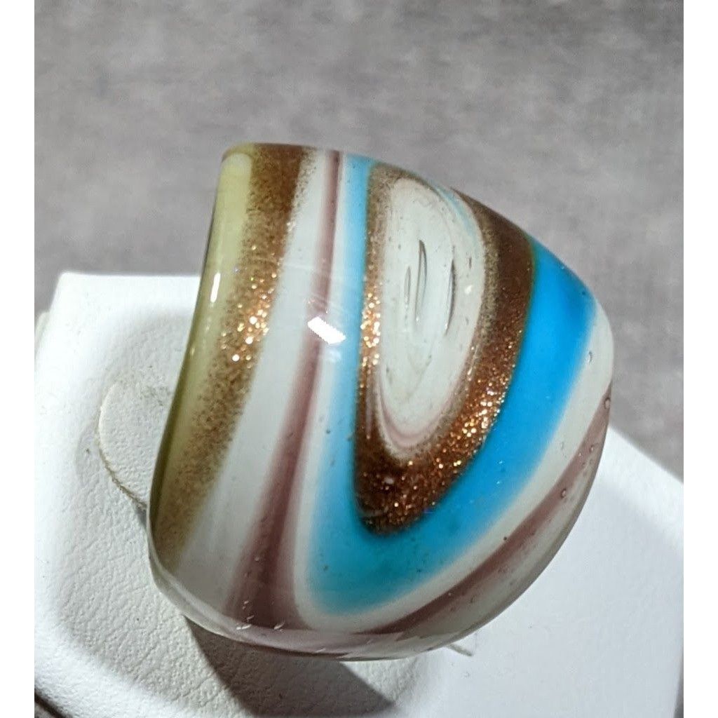 Other Lampwork Glass White Blue And Gold Tone Ring Size 7 Size ONE SIZE - 7 Thumbnail
