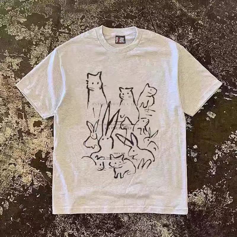 Vintage Gray washed retro cute rabbit print loose t-shirt Size US M / EU 48-50 / 2 - 1 Thumbnail