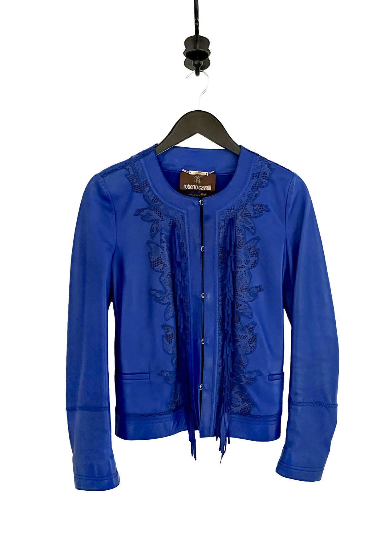 Roberto Cavalli Roberto Cavalli Royal Blue Leather Fringed Perforated Jacket Size S / US 4 / IT 40 - 1 Thumbnail