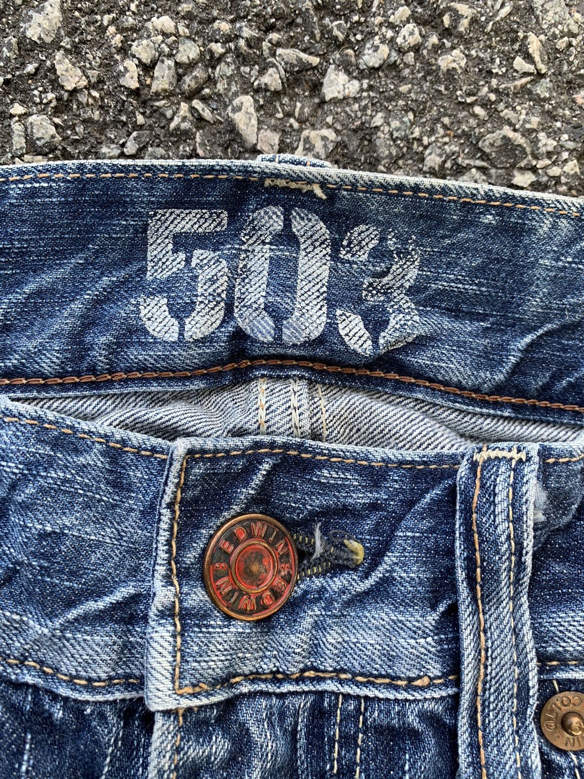 Japanese Brand FLARE💥EDWIN 503 FADED & RUSTY DISTRESSED DENIM Size US 35 - 11 Thumbnail