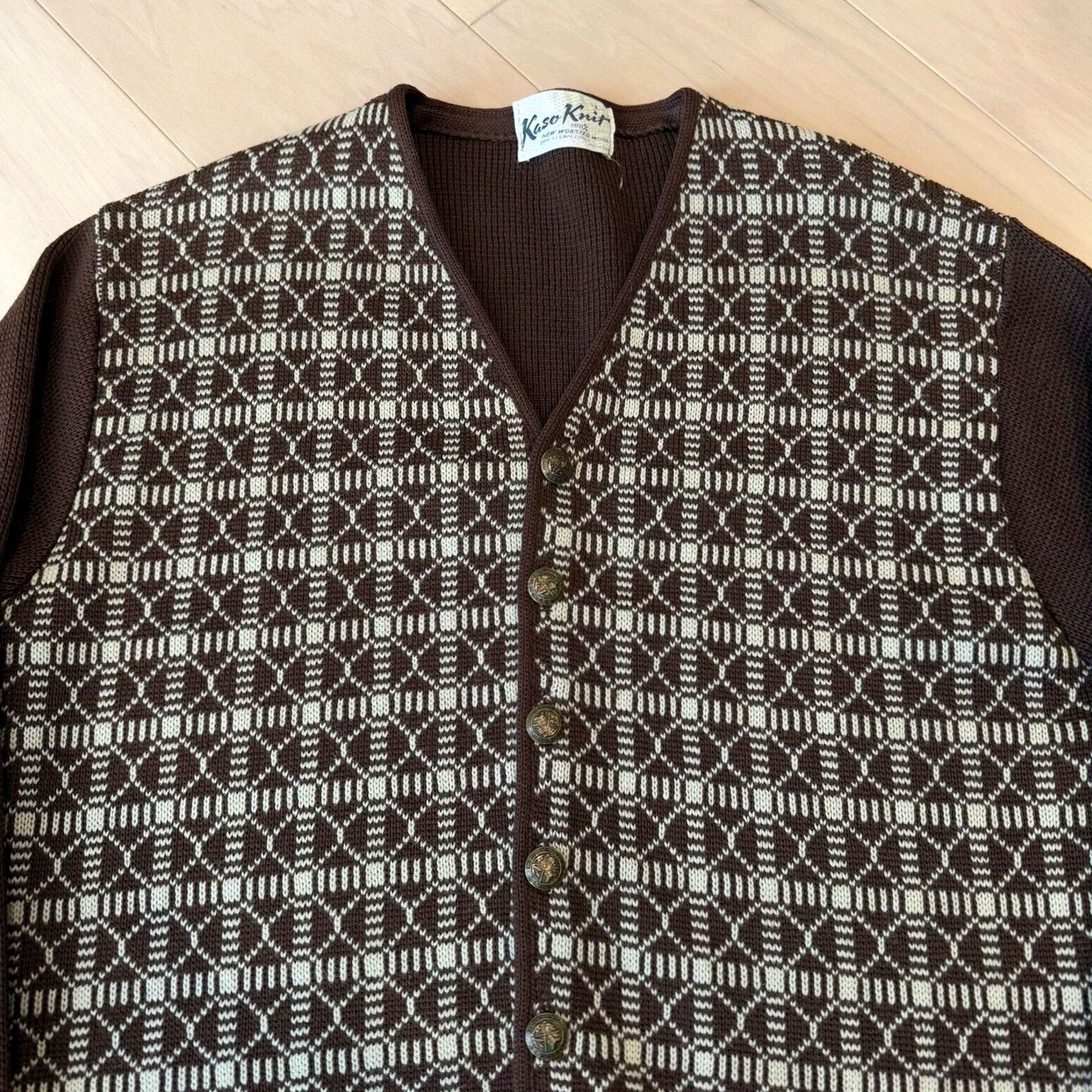Vintage VINTAGE Kaso Knit Cardigan Women's L Brown Argyle Worsted Wool 70s Glam Cardigan Kimono Sleeve V-Neck Knit Wool All Seasons Classic Jacket, 1-Size? Size L / US 10 / IT 46 - 3 Thumbnail