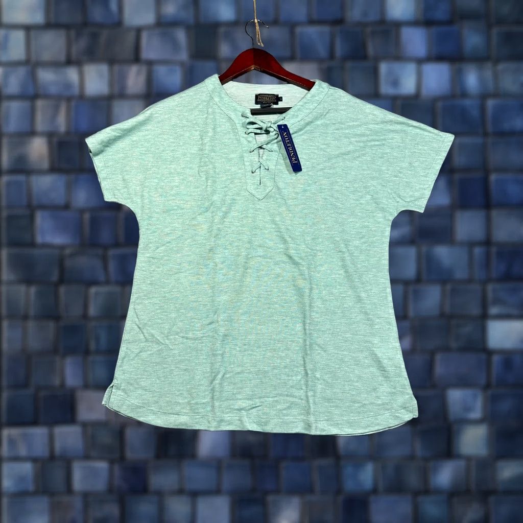 Pendleton Pendleton Shirt Womens Large Green Stretch Knit Lace Up V Neck Short Sleeve Size L / US 10 / IT 46 - 1 Thumbnail