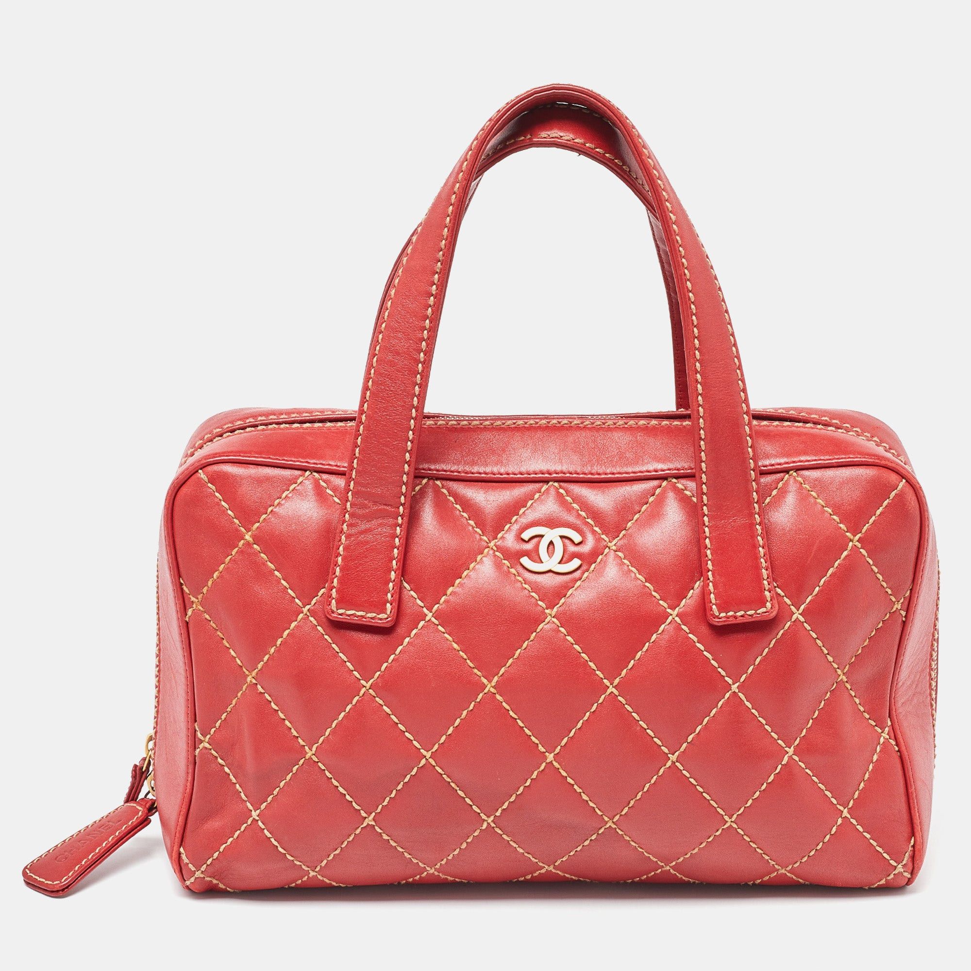 image of Chanel Red Quilted Leather Surpique Bowler Bag, Women's