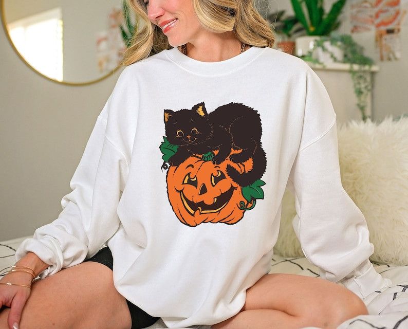 Designer Black Cat Pumpkin Sweatshirt Size M / US 6-8 / IT 42-44 - 1 Thumbnail
