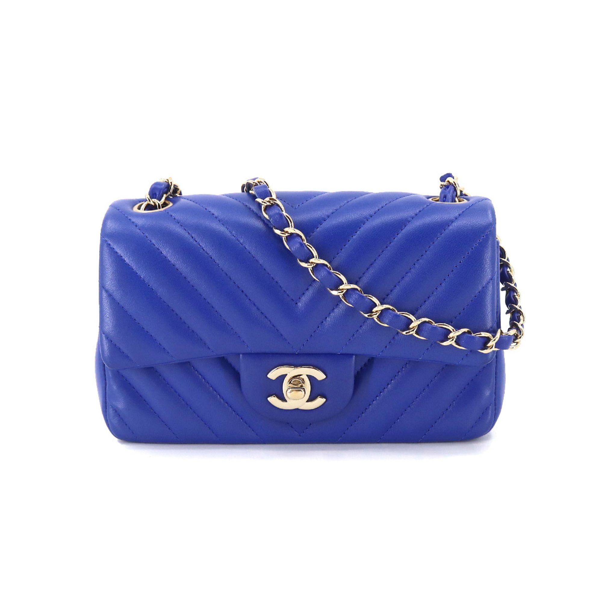 Chanel CHANEL Chevron V Stitch Mini Chain Shoulder Bag Leather Blue A69900  Gold Hardware