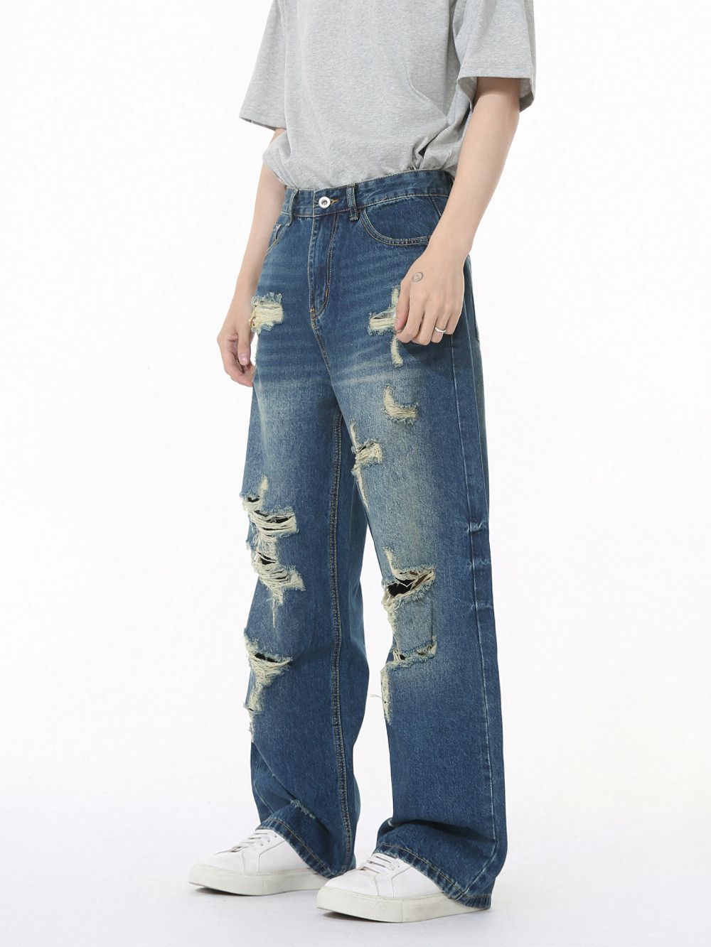 Vintage Men's Distressed Street Straight Jeans with Irregular Rips Size US 32 / EU 48 - 4 Thumbnail