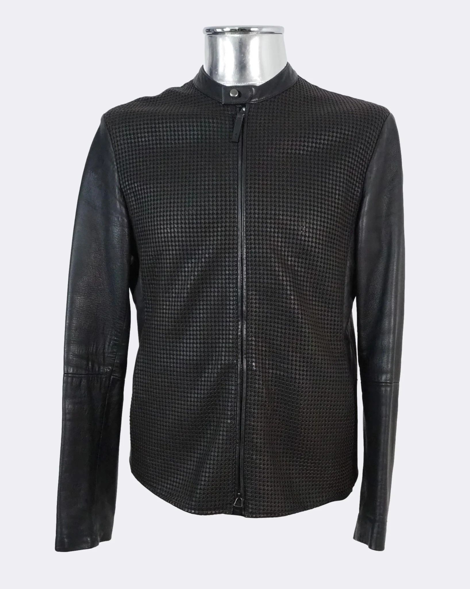 image of Men's Armani Collezioni Leather Jacket Laser-Cut Front $2360 in Black (Size Small)