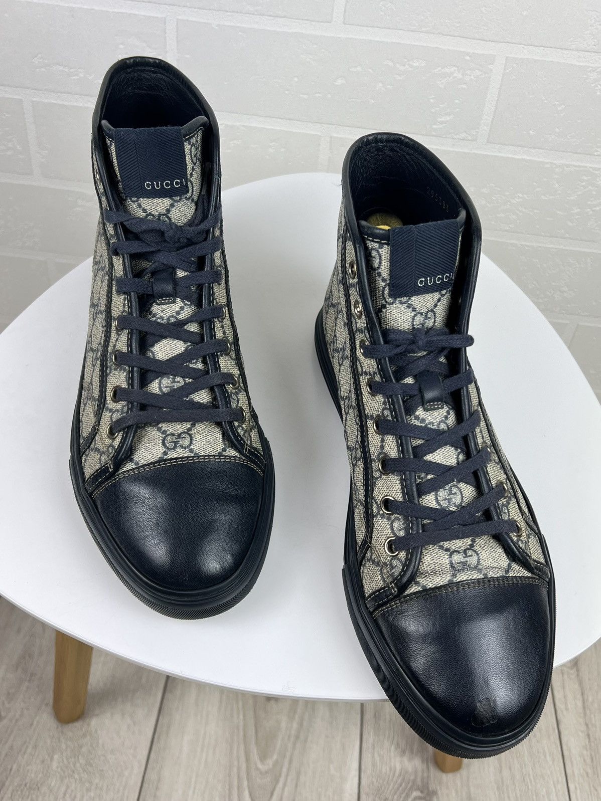 GUCCI Sneakers Hi Top Leather GG Monogram Canvas Navy Mens