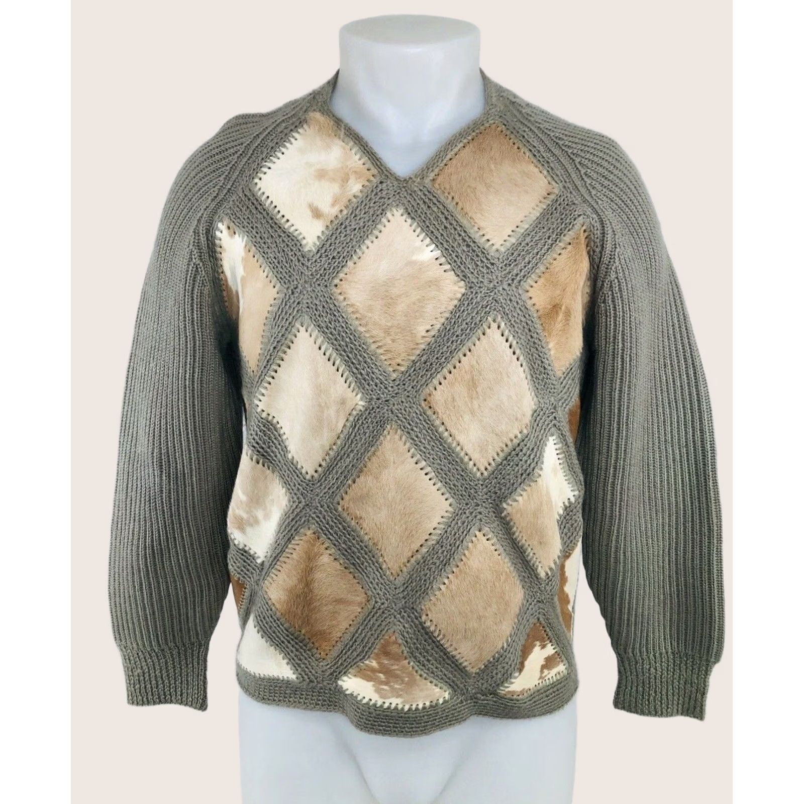 Vintage Shillito's Italy Vtg. Wool & Cow Hide Suede Leather Mens Sm. Sweater Shirt Regular S Greenish Beige / Tan 90s Italy Mens Size US S / EU 44-46 / 1 - 1 Thumbnail