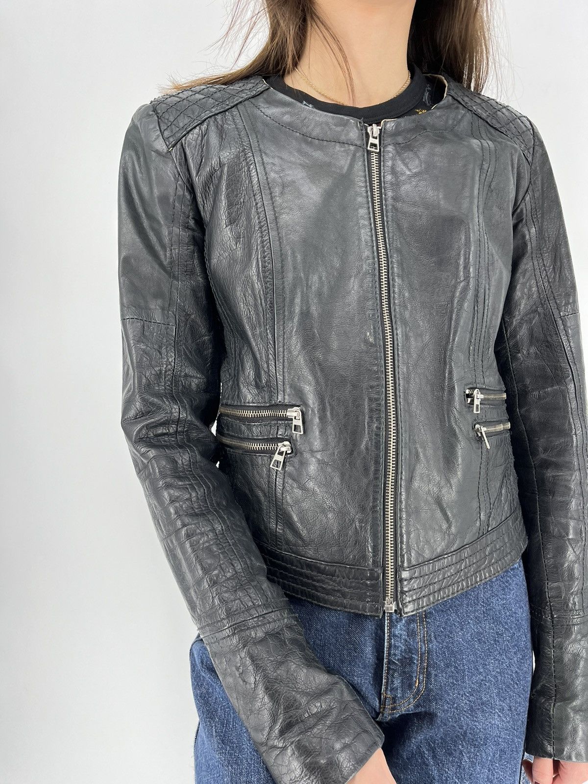 Bershka Bershka Black Authentic Leather Fitted Motorcycle Jacket Size M / US 6-8 / IT 42-44 - 7 Thumbnail