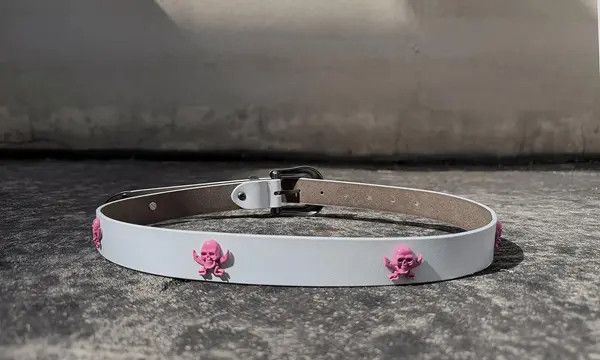 Leather White Leather Belt with Ornate Silver Buckle, Slim Fit Size ONE SIZE - 6 Thumbnail