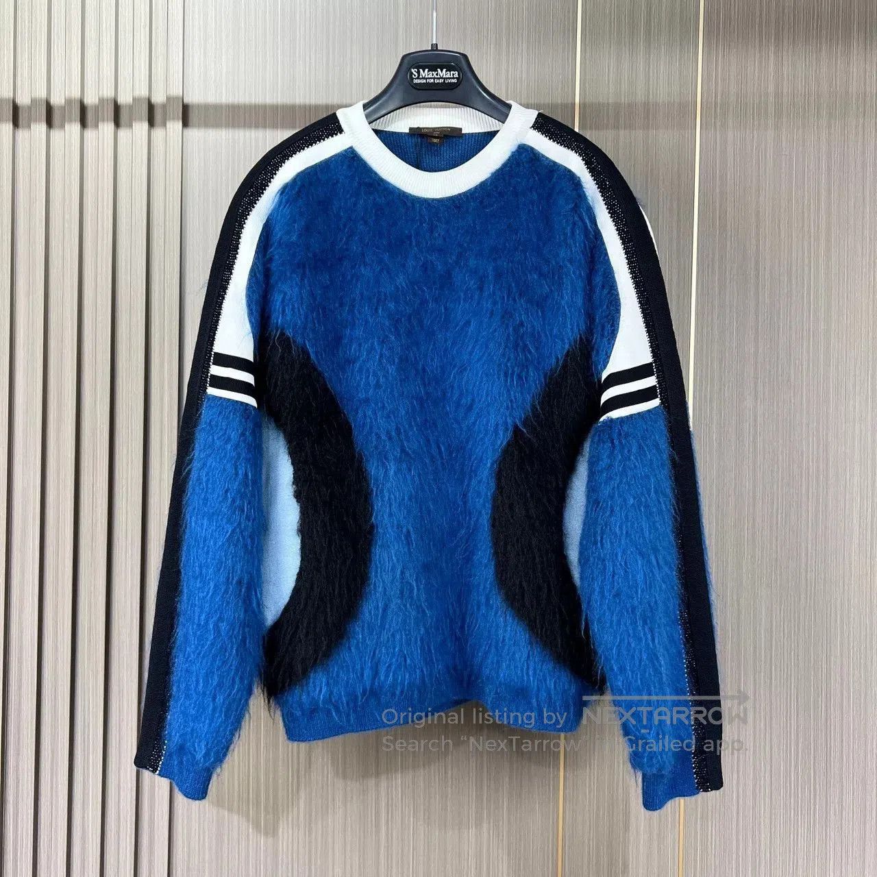 louis vuitton blue mohair sweater with patches.