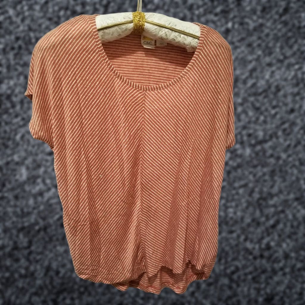 Vintage C & C California Womens Casual Lightweight Top Striped Brown White XL Short Sleeve Size XL / US 12-14 / IT 48-50 - 1 Thumbnail